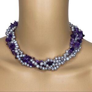 New!! Beautiful 4 Strand Genuine Amethyst Pearl Choker Necklace - 17" long